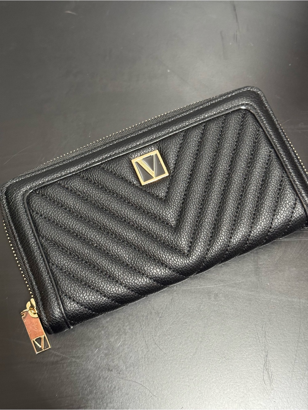 Victoria's Secret Black Quilted Zip Wallet with Gold Logo